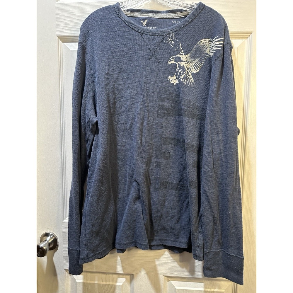 Y2K American Eagle Thermal Vintage Fit AE Men's XL Eagle Logo Blue Long‎ Sleeve